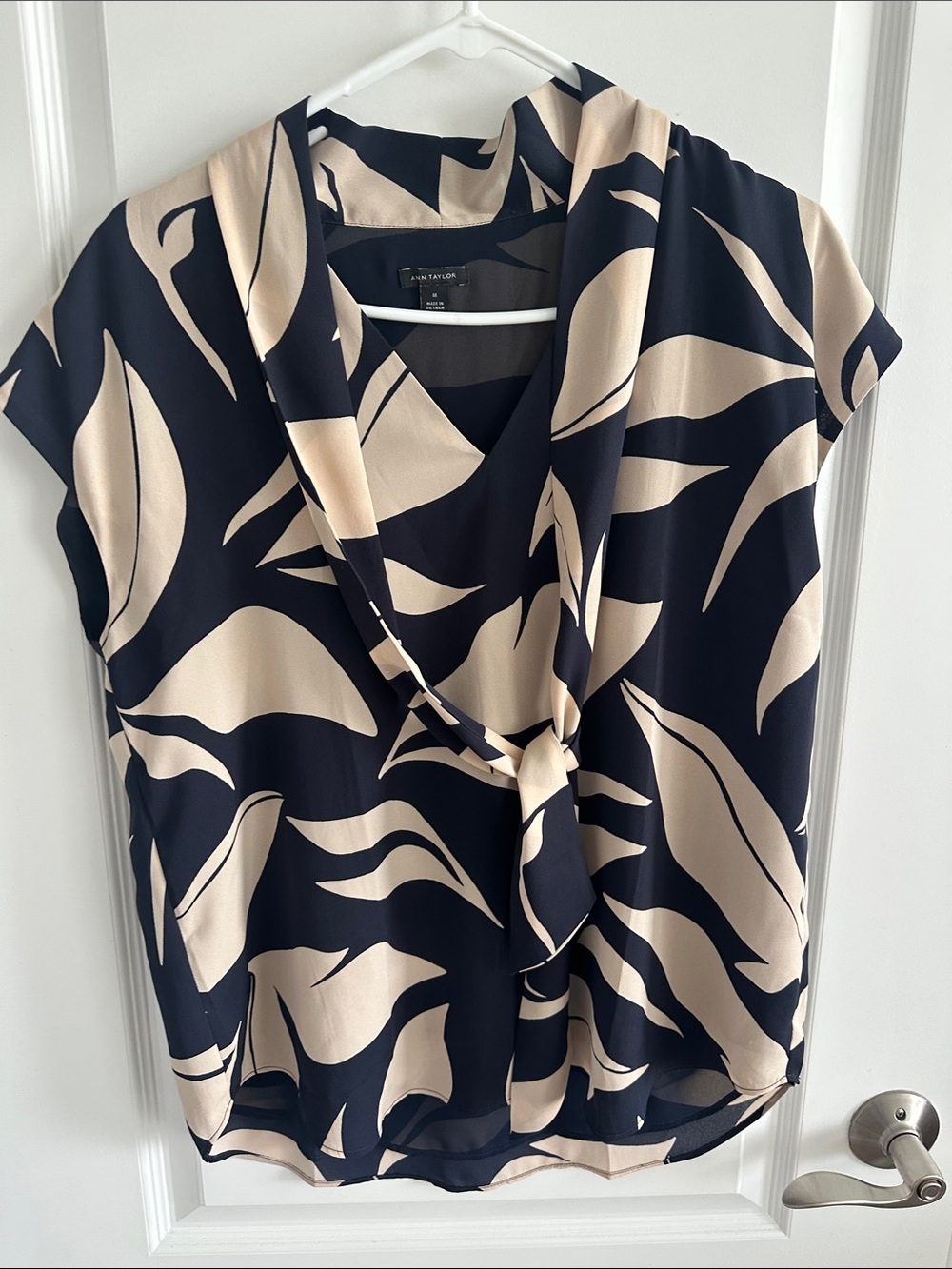 Ann Taylor Navy and Beige Abstract Tie-Front Top